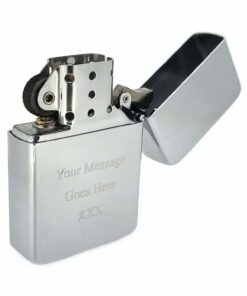Star petrol lighter with lid open showing engraving